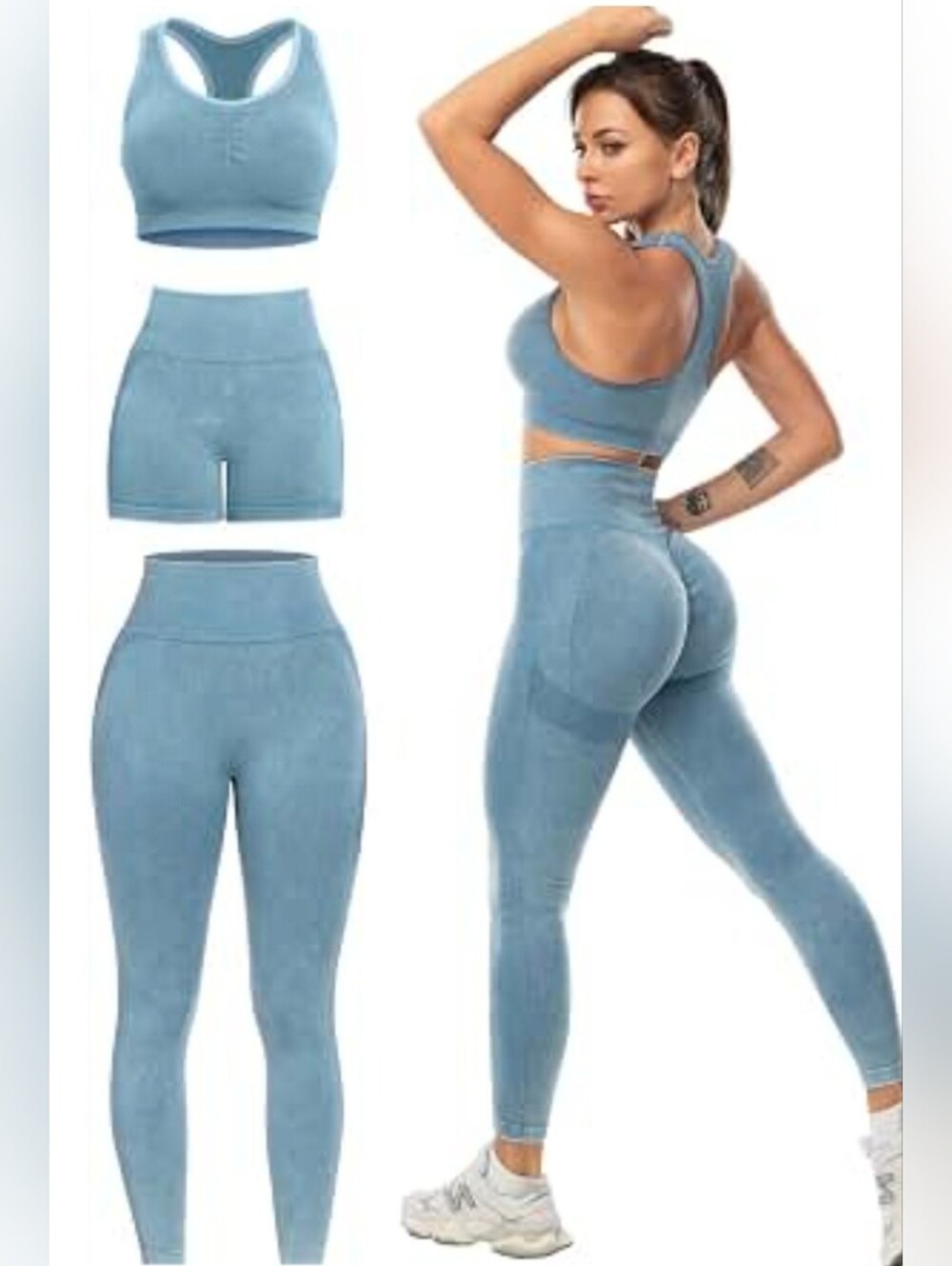 Seamless XL High-Waist Light Blue Leggings, Shorts & Sports Bra Set 4083-